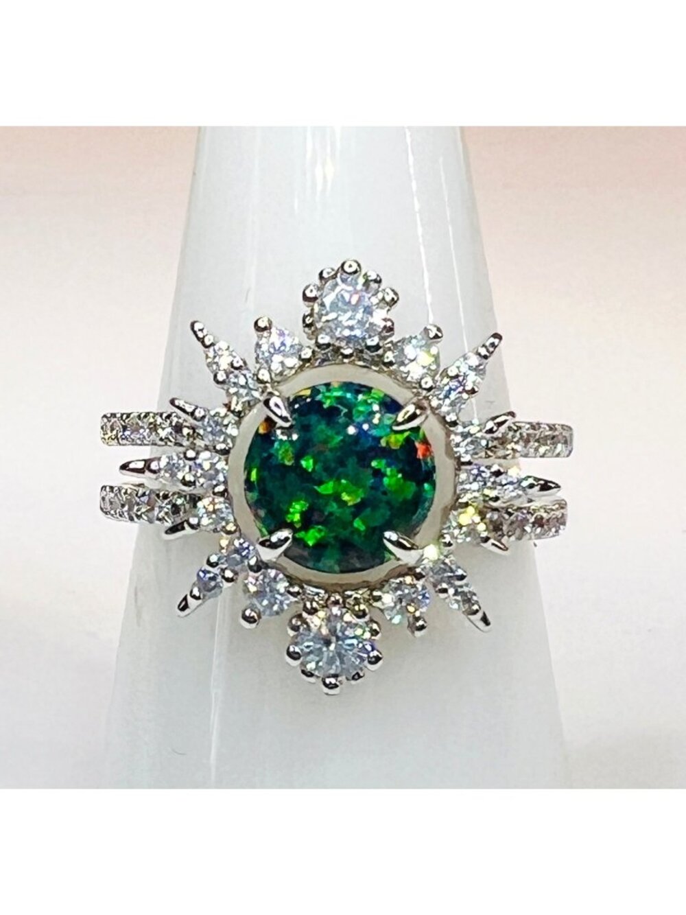 Ring Bomb Party Ring size 8  green blue speckled stone, silver color band